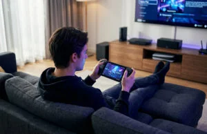 Jouer à la PS5 sur ton Steam Deck grâce au cloud avec Asobi Un jeune homme détendu sur un canapé jouant à la PS5 sur son Steam Deck via l'application Asobi.