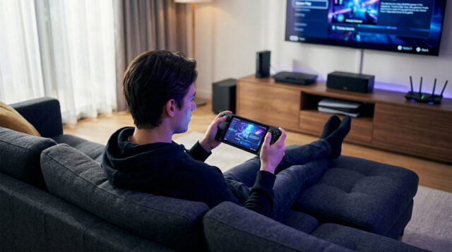 Jouer à la PS5 sur Steam Deck avec Asobi Un jeune homme détendu sur un canapé jouant à la PS5 sur son Steam Deck via l'application Asobi.