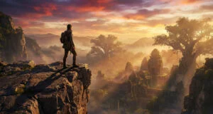 Un aventurier surplombant des ruines antiques baignées par la lumière dorée d'un coucher de soleil brumeux.