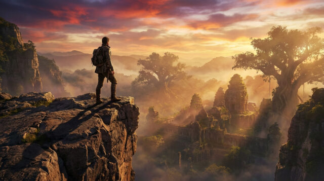 Witcher 3 : Songs of the Past, une nouvelle épopée Un aventurier surplombant des ruines antiques baignées par la lumière dorée d'un coucher de soleil brumeux.