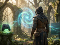 Baldur’s Gate 3 : l’arrivée du Xbox Play Anywhere Un aventurier devant un portail magique reliant une manette Xbox à un écran de jeu dans une forêt ancienne.