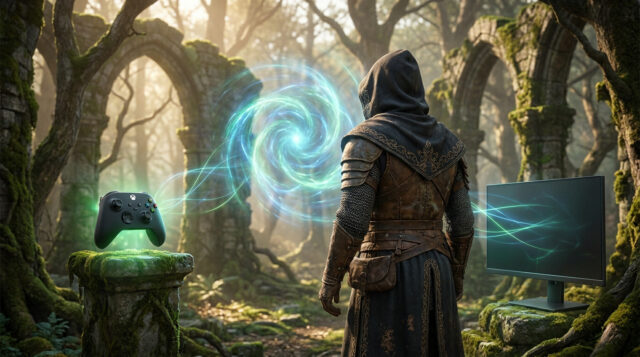 Baldur's Gate 3 et le Xbox Play Anywhere Un aventurier devant un portail magique reliant une manette Xbox à un écran de jeu dans une forêt ancienne.