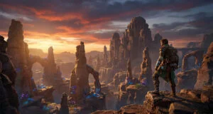 Un aventurier regarde un château antique et des formations rocheuses mystérieuses au coucher du soleil dans Crimson Desert.