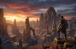 Tout sur le futur crimson desert dlc pywel attendu fin 2026 Un aventurier regarde un château antique et des formations rocheuses mystérieuses au coucher du soleil dans Crimson Desert.