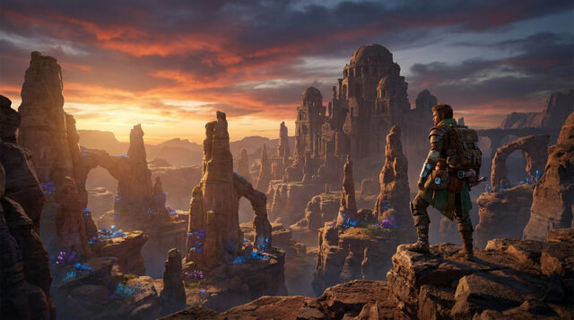Crimson Desert : Exploration du monde de Pywel Un aventurier regarde un château antique et des formations rocheuses mystérieuses au coucher du soleil dans Crimson Desert.