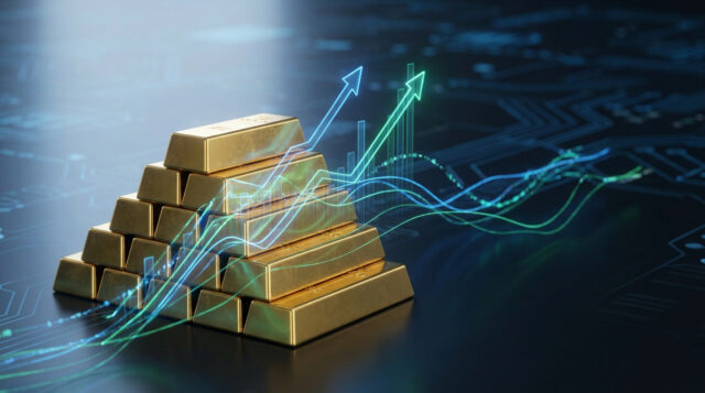 Croissance financière et lingots d'or Pile de lingots d'or avec des graphiques financiers numériques en arrière-plan.
