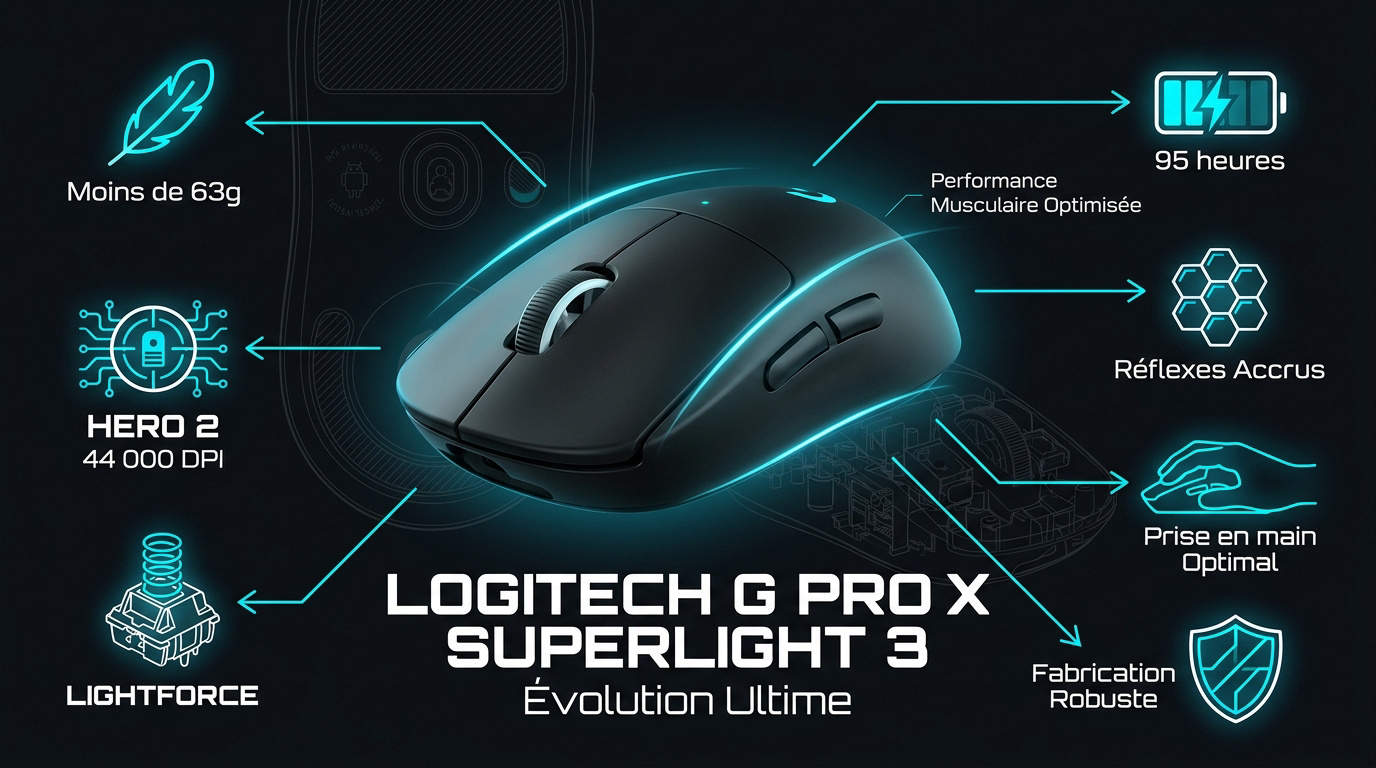 Souris gaming Logitech G Pro X Superlight 3 blanche sur tapis de souris noir
