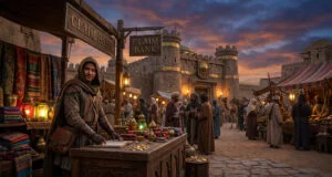 Un marchand dans un marché médiéval fantastique avec une banque de réclamation devant un château au coucher du soleil.
