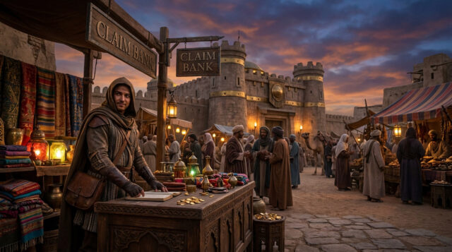Un marchand dans un marché médiéval fantastique avec une banque de réclamation devant un château au coucher du soleil.