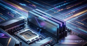 Barrettes de mémoire RAM DDR5 avec éclairage RGB installées sur une carte mère gaming moderne.