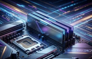 Meilleure RAM DDR5 pour Ryzen 9000 : optimisez votre PC gaming Barrettes de mémoire RAM DDR5 avec éclairage RGB installées sur une carte mère gaming moderne.