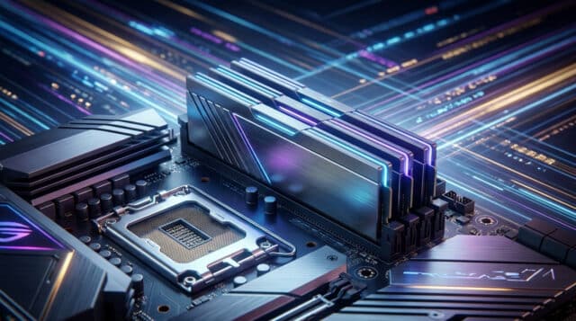 RAM DDR5 haute performance pour PC Gaming Barrettes de mémoire RAM DDR5 avec éclairage RGB installées sur une carte mère gaming moderne.