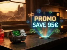Promo Fallout Steam : économisez 95 € sur le pack Franchise Un Pip-Boy sur un bureau avec un hologramme affichant une promotion Steam "PROMO SAVE 95€" dans une ambiance Fallout.