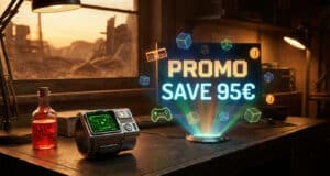 Un Pip-Boy sur un bureau avec un hologramme affichant une promotion Steam "PROMO SAVE 95€" dans une ambiance Fallout.