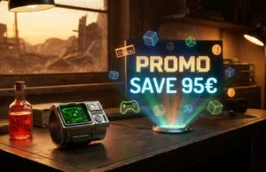 Promo Fallout Steam : économisez 95 € sur le pack Franchise Un Pip-Boy sur un bureau avec un hologramme affichant une promotion Steam "PROMO SAVE 95€" dans une ambiance Fallout.