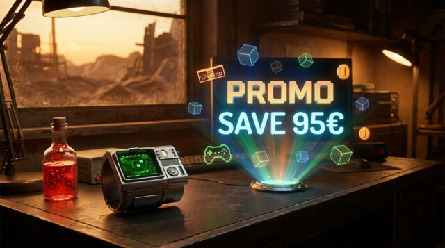 Un Pip-Boy sur un bureau avec un hologramme affichant une promotion Steam "PROMO SAVE 95€" dans une ambiance Fallout.