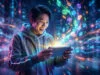 Promotions Nintendo eShop Switch : -90% avant le 2 août Un jeune homme enthousiaste joue sur une console portable entouré d'icônes numériques lumineuses dans un décor futuriste.