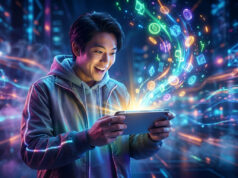 Promotions Nintendo eShop Switch : -90% avant le 2 août Un jeune homme enthousiaste joue sur une console portable entouré d'icônes numériques lumineuses dans un décor futuriste.