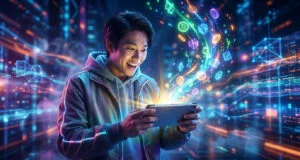 Un jeune homme enthousiaste joue sur une console portable entouré d'icônes numériques lumineuses dans un décor futuriste.