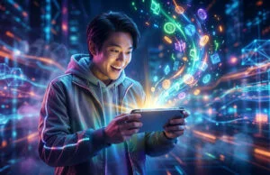 Promotions Nintendo eShop Switch : -90% avant le 2 août Un jeune homme enthousiaste joue sur une console portable entouré d'icônes numériques lumineuses dans un décor futuriste.