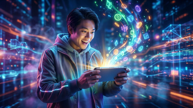 Promotions eShop : -90% avant le 2 août Un jeune homme enthousiaste joue sur une console portable entouré d'icônes numériques lumineuses dans un décor futuriste.