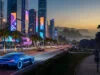GTA 6 : les activités secondaires secrètes de Vice City Vue de nuit d'une ville futuriste inspirée de GTA 6 avec une voiture bleue sportive sur la route et un joggeur sur le côté.