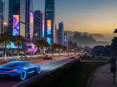 GTA 6 : les activités secondaires secrètes de Vice City Vue de nuit d'une ville futuriste inspirée de GTA 6 avec une voiture bleue sportive sur la route et un joggeur sur le côté.
