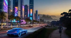 Vue de nuit d'une ville futuriste inspirée de GTA 6 avec une voiture bleue sportive sur la route et un joggeur sur le côté.