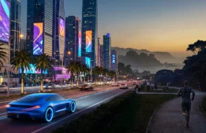 GTA 6 : les activités secondaires secrètes de Vice City Vue de nuit d'une ville futuriste inspirée de GTA 6 avec une voiture bleue sportive sur la route et un joggeur sur le côté.
