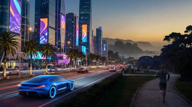 GTA 6 : Immersion nocturne à Vice City Vue de nuit d'une ville futuriste inspirée de GTA 6 avec une voiture bleue sportive sur la route et un joggeur sur le côté.