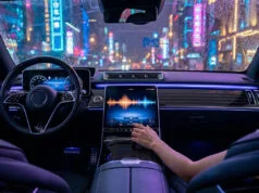 GTA 6 : liste complète des musiques et stations de radio Vue intérieure d'une voiture moderne sous la pluie avec un écran affichant un égaliseur audio dans une ville néon.