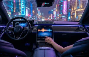 GTA 6 : liste complète des musiques et stations de radio Vue intérieure d'une voiture moderne sous la pluie avec un écran affichant un égaliseur audio dans une ville néon.