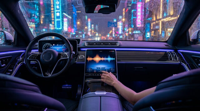 Ambiance nocturne dans GTA 6 Vue intérieure d'une voiture moderne sous la pluie avec un écran affichant un égaliseur audio dans une ville néon.