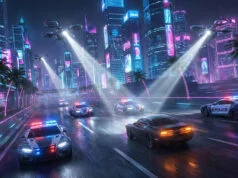 Système de recherche et IA de la police dans GTA 6 Voitures de police et drones futuristes poursuivant un véhicule dans une ville cyberpunk la nuit.
