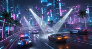Voitures de police et drones futuristes poursuivant un véhicule dans une ville cyberpunk la nuit.