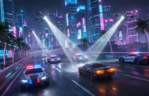 Système de recherche et IA de la police dans GTA 6 Voitures de police et drones futuristes poursuivant un véhicule dans une ville cyberpunk la nuit.