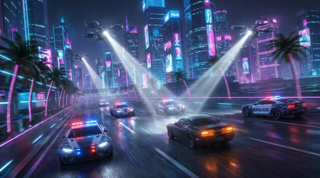 IA de la police dans GTA 6 : Une course-poursuite futuriste Voitures de police et drones futuristes poursuivant un véhicule dans une ville cyberpunk la nuit.