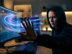 Twitch ia entraînement données : stop au pillage d’Amazon Une personne en sweat à capuche faisant un geste d'arrêt devant un écran affichant des flux de données numériques.