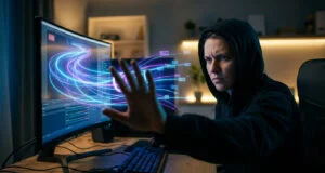 Une personne en sweat à capuche faisant un geste d'arrêt devant un écran affichant des flux de données numériques.