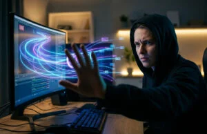 Twitch ia entraînement données : stop au pillage d’Amazon Une personne en sweat à capuche faisant un geste d'arrêt devant un écran affichant des flux de données numériques.