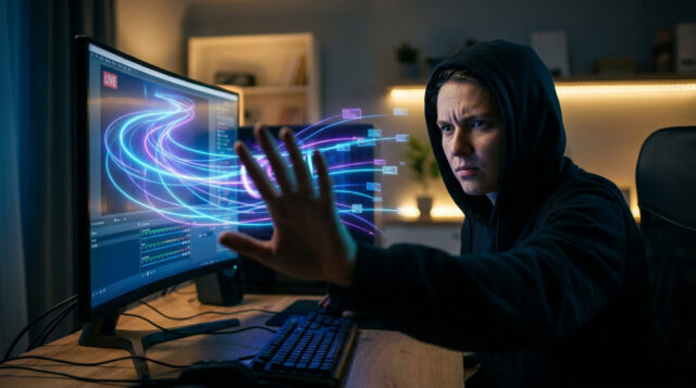 Twitch et l'IA : Stop au pillage des données Une personne en sweat à capuche faisant un geste d'arrêt devant un écran affichant des flux de données numériques.