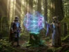 Statistiques joueurs Baldur’s Gate 3 : le bilan de Larian Un guerrier et un magicien observant une sphère de données holographique flottant dans une forêt ancienne.