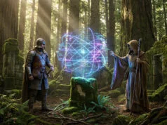 Statistiques joueurs Baldur’s Gate 3 : le bilan de Larian Un guerrier et un magicien observant une sphère de données holographique flottant dans une forêt ancienne.