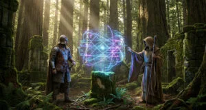Un guerrier et un magicien observant une sphère de données holographique flottant dans une forêt ancienne.