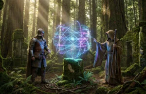 Statistiques joueurs Baldur’s Gate 3 : le bilan de Larian Un guerrier et un magicien observant une sphère de données holographique flottant dans une forêt ancienne.