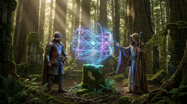 Baldur's Gate 3 : Analyse de données magique Un guerrier et un magicien observant une sphère de données holographique flottant dans une forêt ancienne.