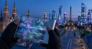 Une personne tient un appareil futuriste affichant des données Pokémon devant le paysage urbain de Paris au crépuscule.
