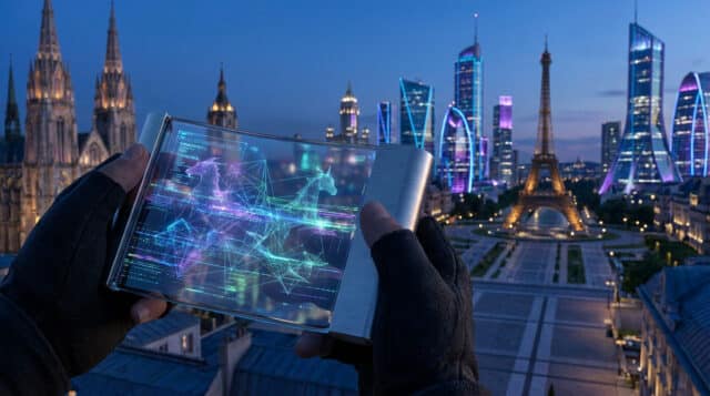 Fuites du Pokédex de Pokémon Legends Z-A Une personne tient un appareil futuriste affichant des données Pokémon devant le paysage urbain de Paris au crépuscule.