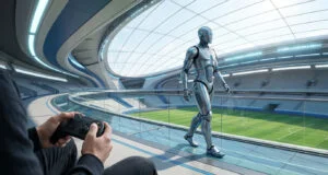 Une personne tenant une manette de jeu contrôle un robot humanoïde argenté marchant dans un stade futuriste.