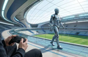 Robot humanoïde au Mexique : pilote le futur à la manette Une personne tenant une manette de jeu contrôle un robot humanoïde argenté marchant dans un stade futuriste.